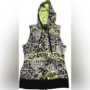 Y2K Wet Seal Black, White & Neon Green Graffiti Zip Up Hooded Vest. Sz L.